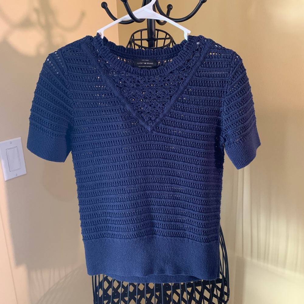 lucky brand navy short sleeve knit sweater - xs